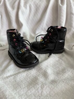 Kids Black Patent Lace-Up Boots with Colorful Eyelets